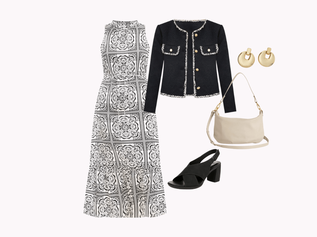 Seasonal Capsule outfit; petite midi-length dress with halter neckline, tweed black and white waisted-cropped jacket.