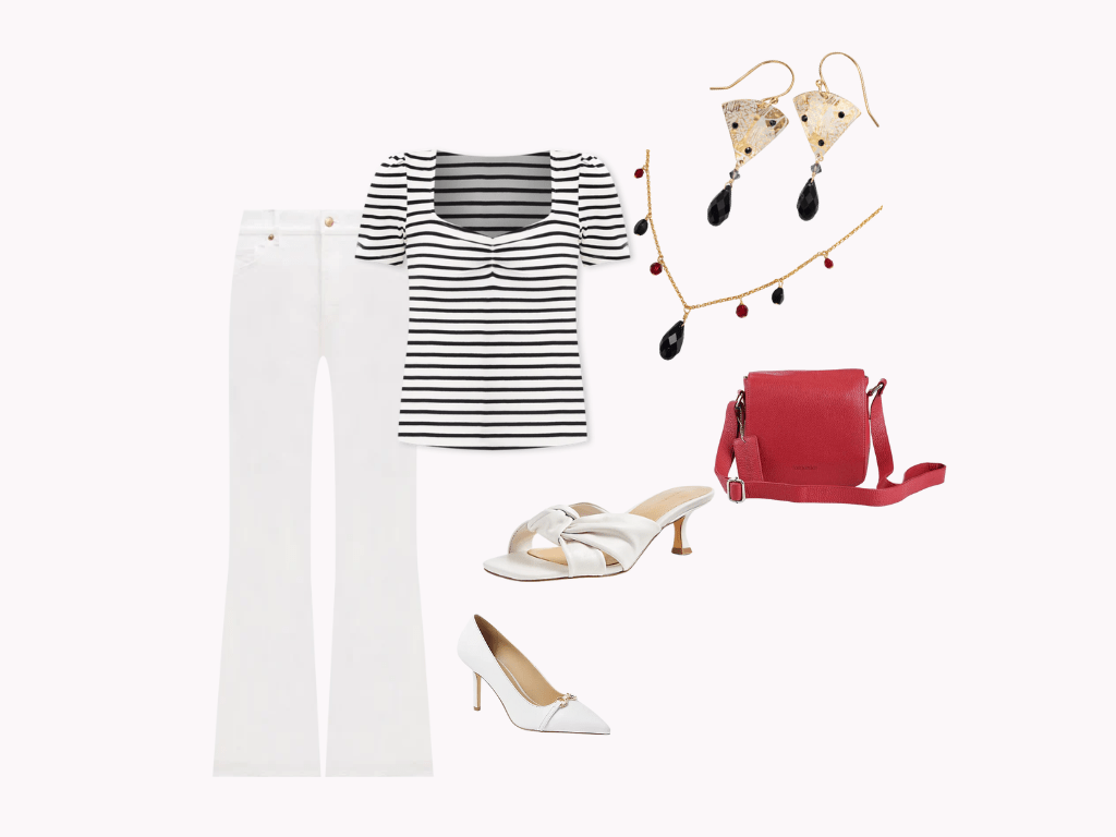 Seasonal capsule  spring black and white outfit.  White wide leg leg denim, stripped shirt, sweatheart neckline and puff sleeves, accessories in red and gold.